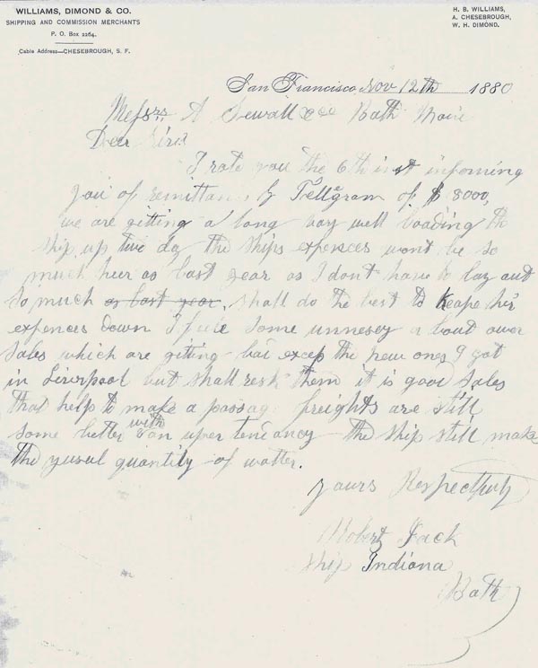 Letters from Captain Robert Jack. October 12, 1880.