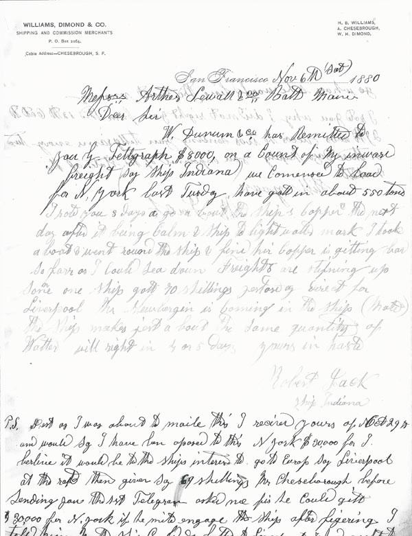 Letters from Captain Robert Jack, San Francisco, November 1880.