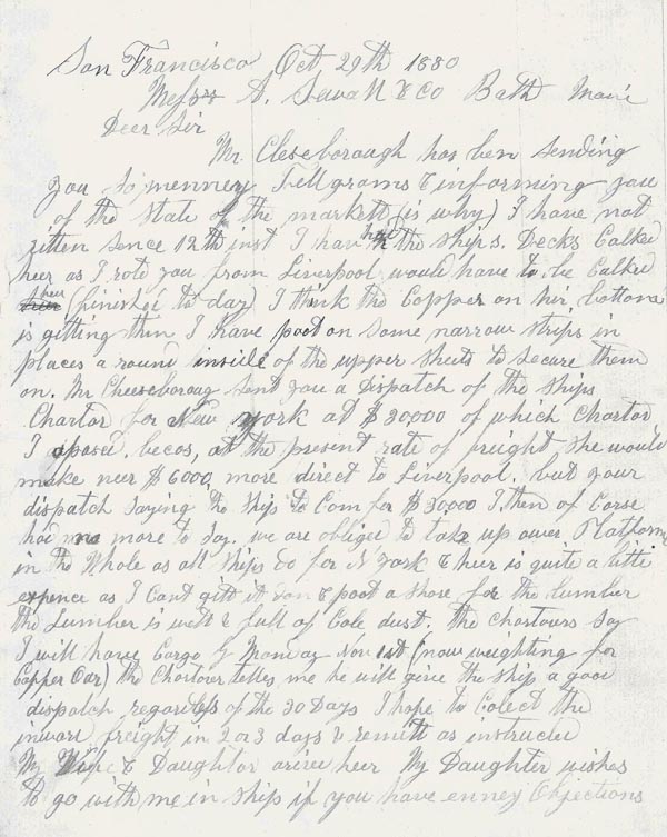 Letters of Captain Robert Jack. October 29, 1880. San Francisco.