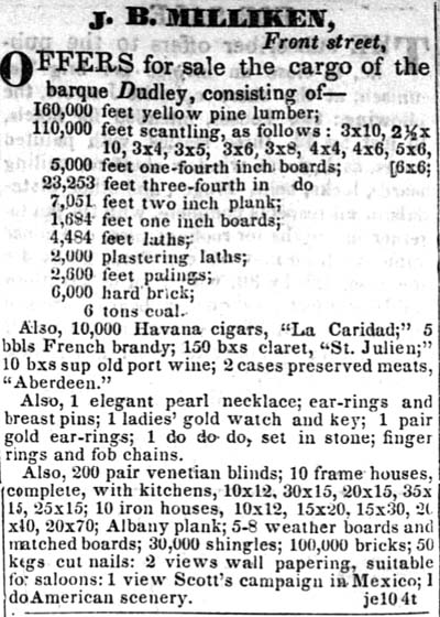 Barque Dudley Cargo for Sale June 12, 1850.