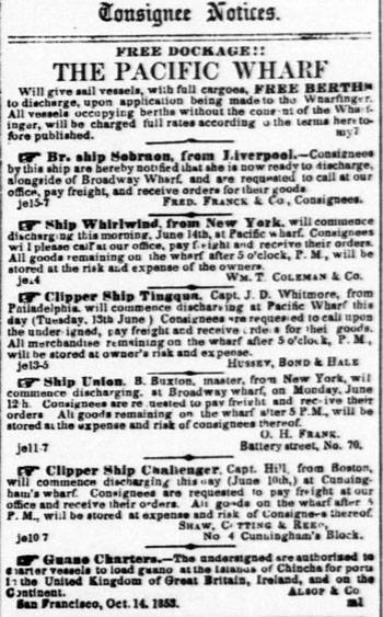 Consignee Notices, Pacific Wharf Ad June 17, 1854.