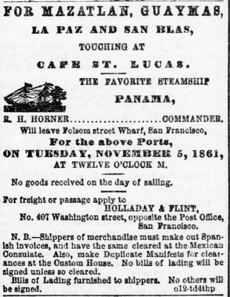 Sacramento Daily Union October 1861 Captain Horner, SS Panama.