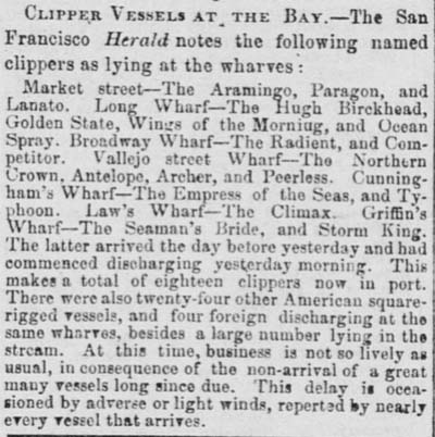 Clipperships in the port of San Francisco August 2, 1853 from Sacramento Daily Union.