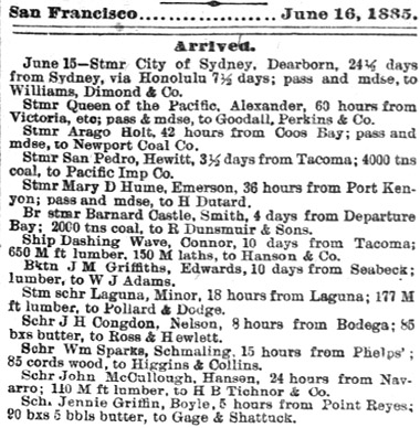 Arrivals in the Port of San Francisco 1885.