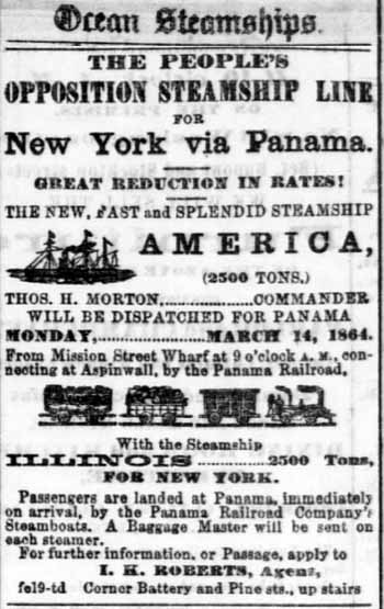Departure of the SS America for Panama March 10, 1864 Ad.