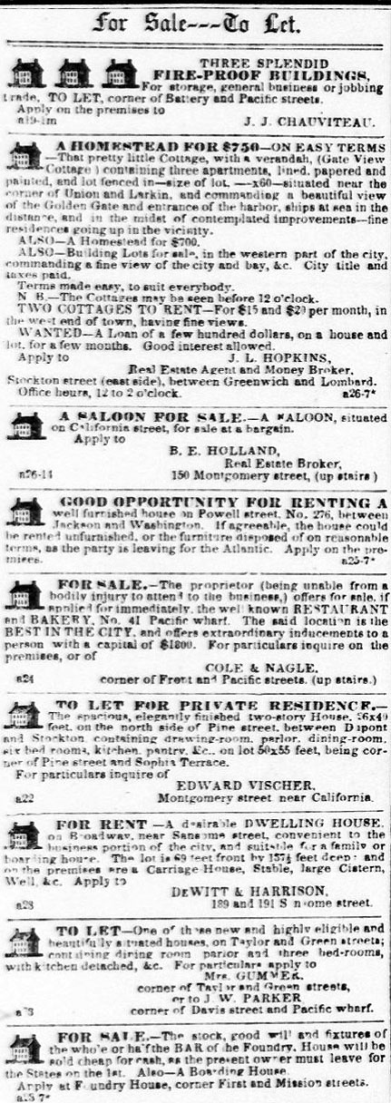 Real Estate for Sale, San Francisco, 1854.