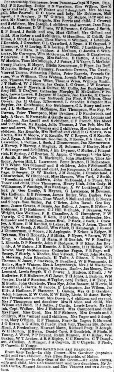 Passengers by the SS Tennessee November 7, 1852.