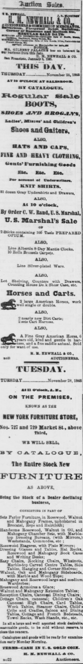 Auction Sales Newhall, November 23, 1856, Daily Alta California Ad.