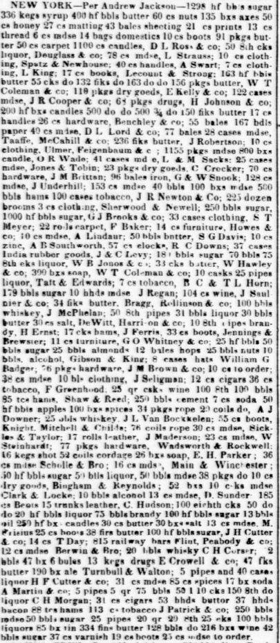 Imports per clipper Andrew Jackson, Daily Alta California, November 21, 1855.