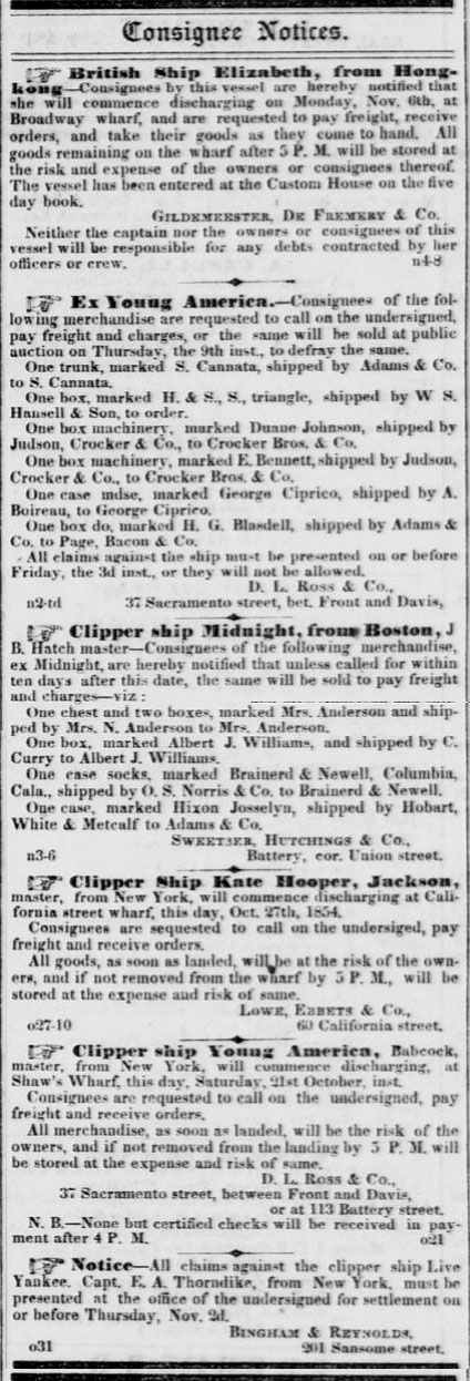Consignee Notices, November 4, 1854.