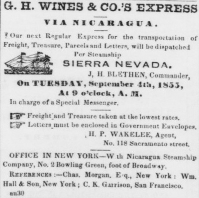 Ad for the Sierra Nevada, Captain Blethen, August 1855.