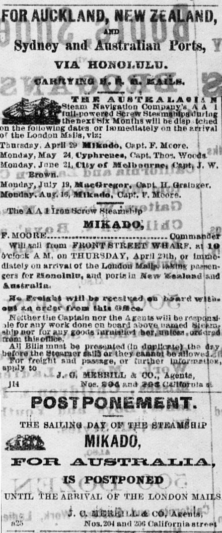 RMS Mikado Ad in Daily Alta California 1875.