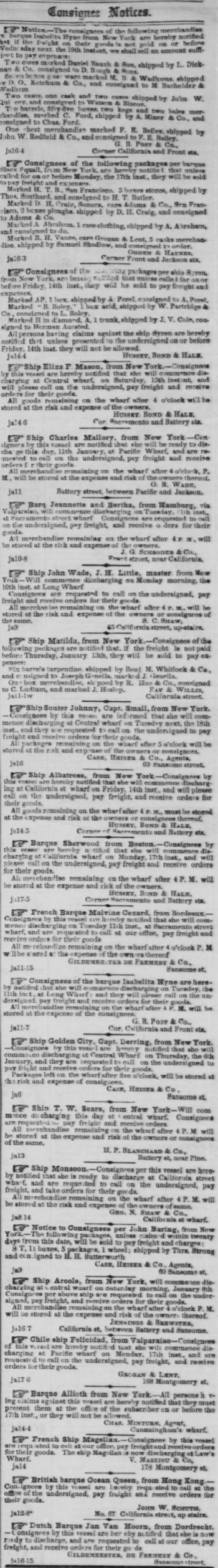 Consignee Notices, Port of San Francisco 1853.