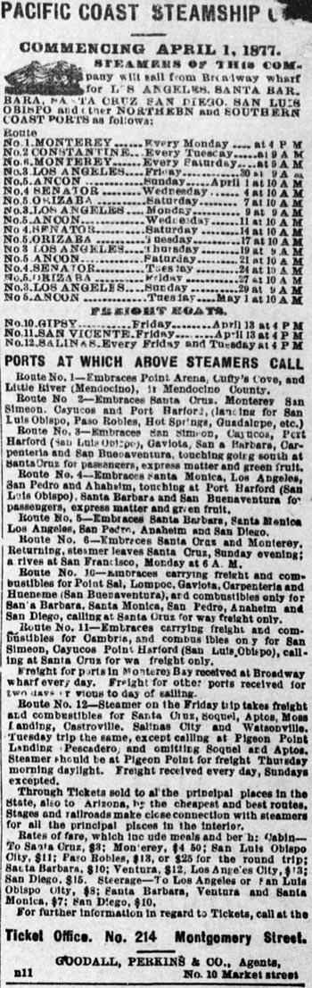 Pacific Coast Steamship Company sailings April 13, 1877.