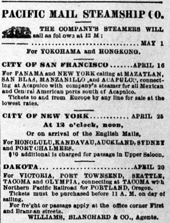 Advertisement for Pacific Mail Steamship Company April 1877.