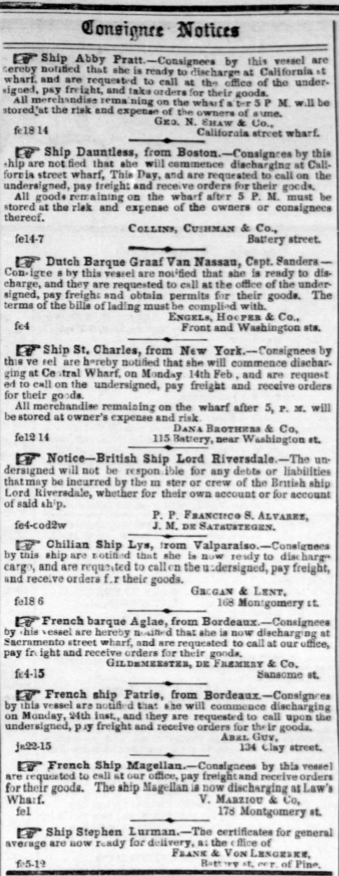 Consignee Notices for Ship Dauntless February 18 1853 Daily Alta California.