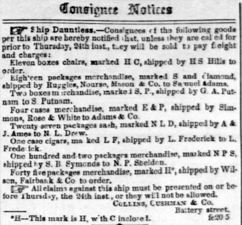 Consignee Notices for Ship Dauntless February 24, 1853.