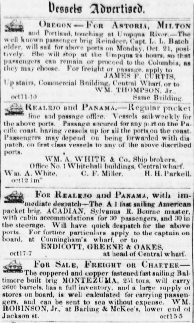 Vessels Advertised Daily Alta California October 18 1850.