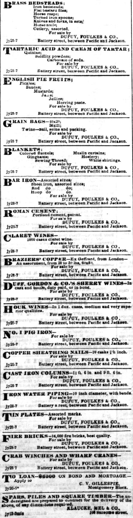 Daily Alta California Ads for merchants Dupuy Foulkes and Co.