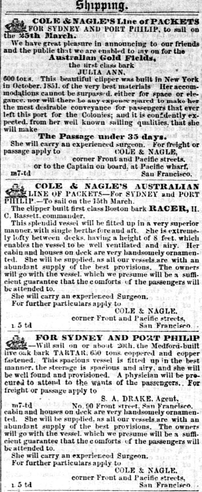 Ad for Cole and Nagle vessels to Sydney March 15, 1853.