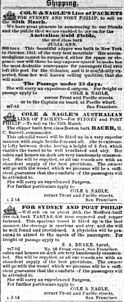 Ad for Cole and Nagle vessels to Sydney March 15, 1853.