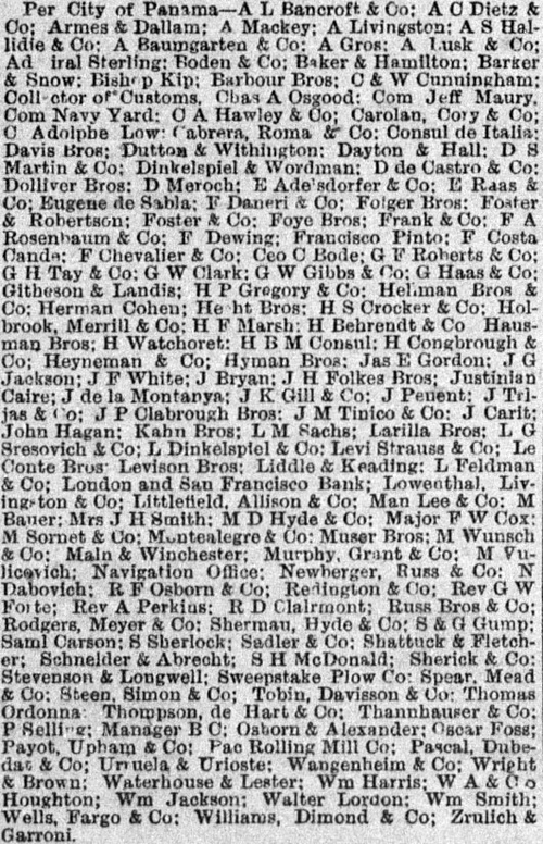 SS City of Panama, Consignees, May 17, 1880.