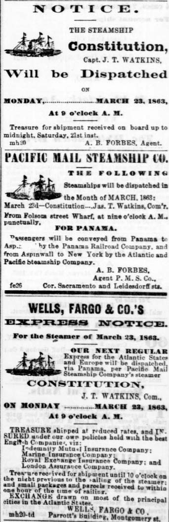 SS Constitution for Panama, Ads DAC March 21, 1863.