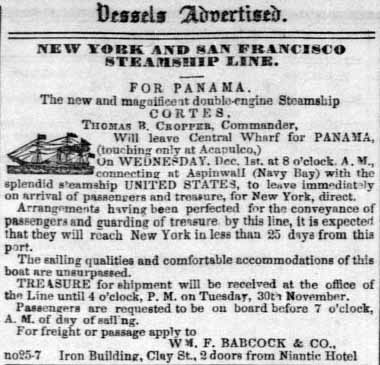 Vessels Advertised SS Cortes for Panama November 27, 1852.