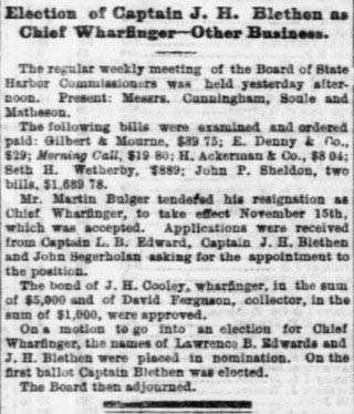 Captain Blethen appointed Chief Wharfinger.