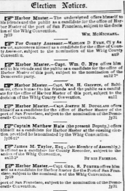 Ads for Harbor Master Elections 1853 in San Francisco.