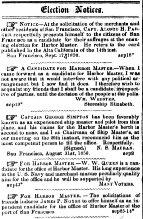 Election for San Francisco Harbor Master September 28 1850 from the Daily Alta California.