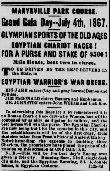 Egyptian Chariot Races in Marysville 1867.