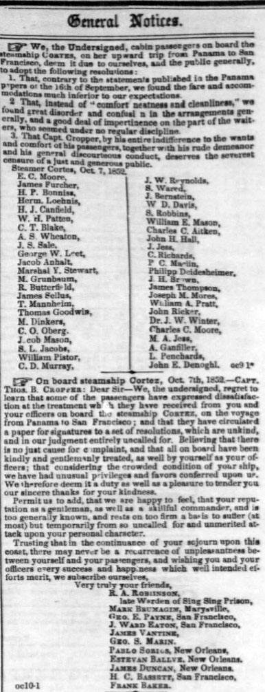 Compliments from passengers by the Cortes, October 9, 1852.
