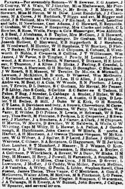 Departures from San Francisco to Panama on the Sonora June 17, 1854.