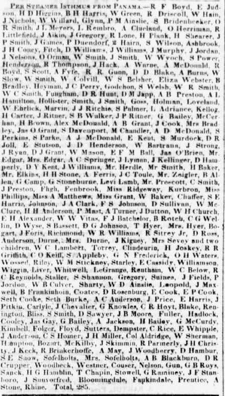 Passenger list for the Isthmus from the Daily Alta California Juliy 13, 1850.