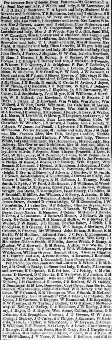 Passenger list of the SS New Orleans on December 15, 1852.