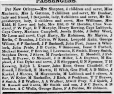 Passengers per the New Orleans March 1851.