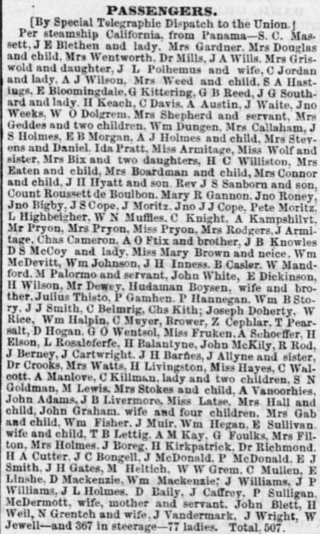 Passengers on the SS California December 7, 1853.