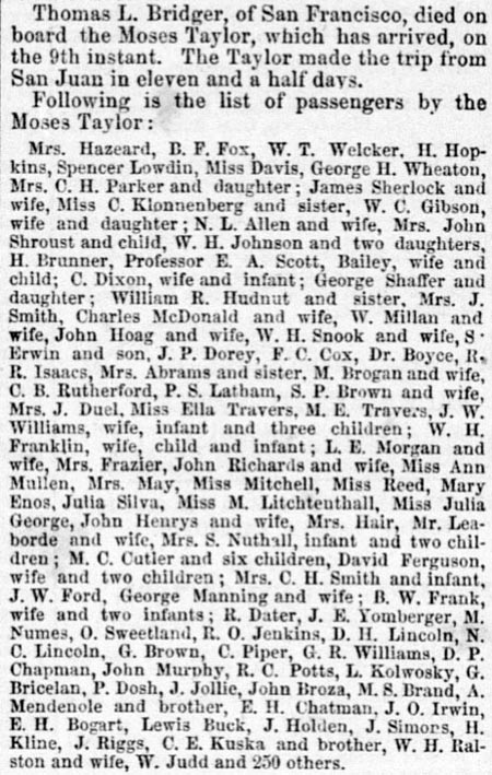 Passengers by the Moses Taylor 18 September 1865.