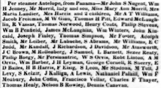 Passengers by the SS Antelope 9 March 1851.