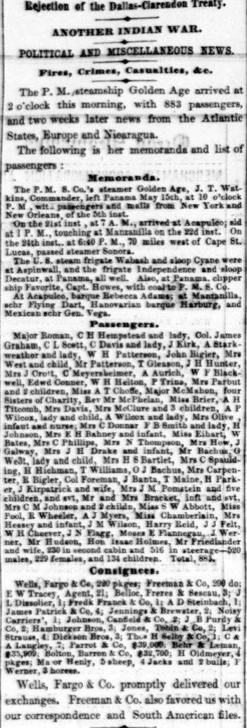 Passengers by the SS Golden Age May 29, 1857. 