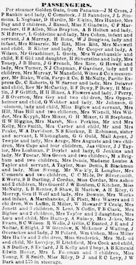 Passengers by the SS Golden Gate, April 13, 1856, DAC and Sacramento Daily Union April 14, 1856.