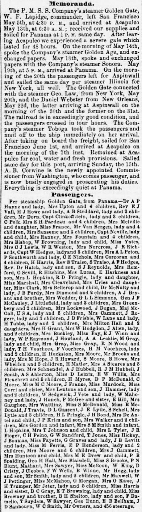 Passengers by the SS Golden Gate June 16, 1856, Sacramento Daily Union.