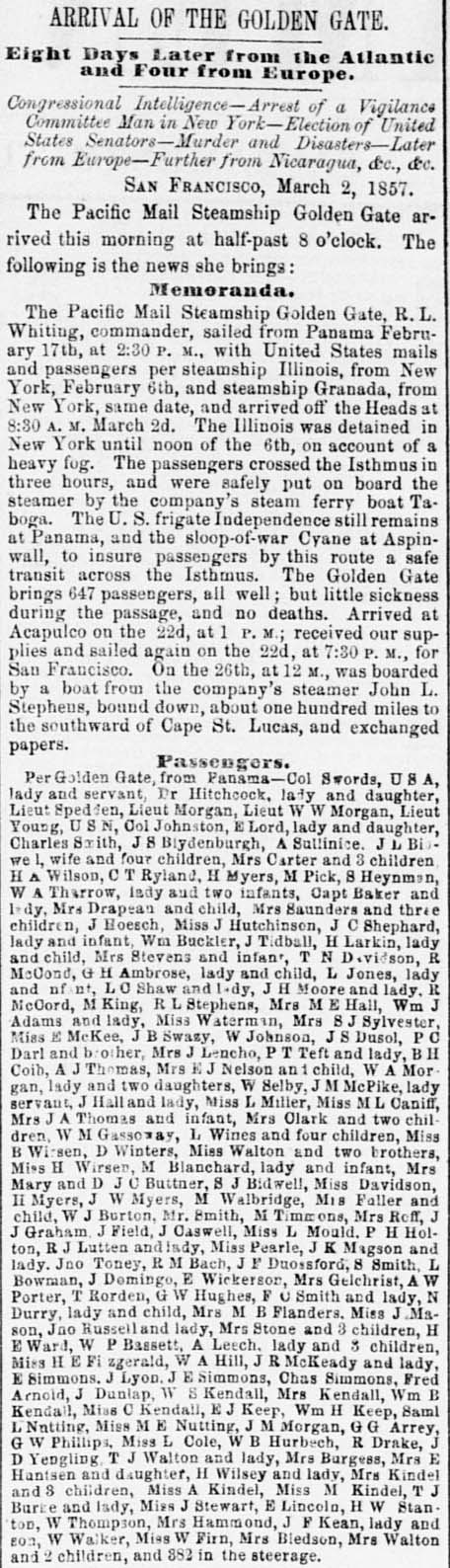 Passengers by the SS Golden Gate, March 3, 1857, Sacramento Daily Union.