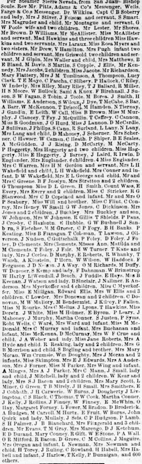 Passengers by the SS Sierra Nevada, February 17, 1854. Sacramento Daily Union.