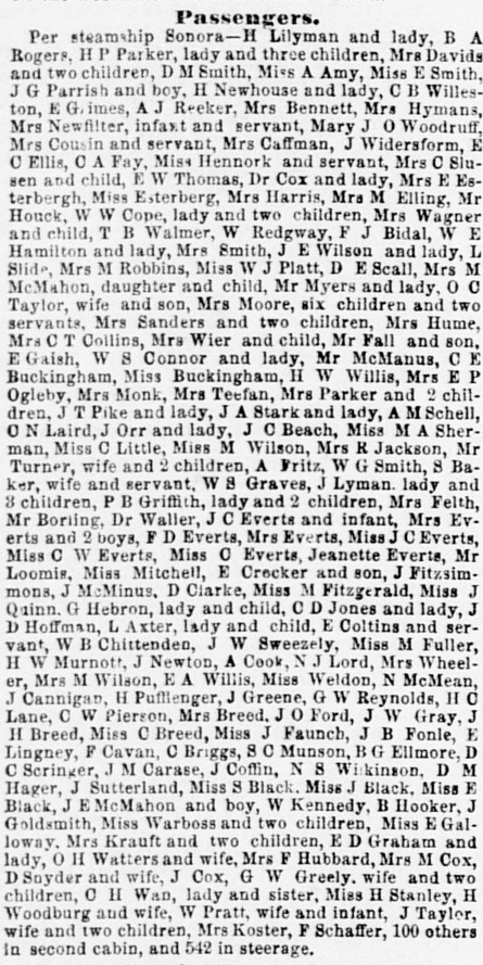 Passengers by the SS Sonora, June 1, 1856, SDU.