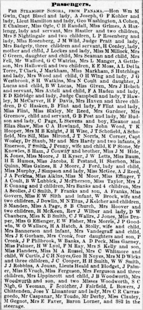 Passengers by the SS Sonora, June 30, 1857.