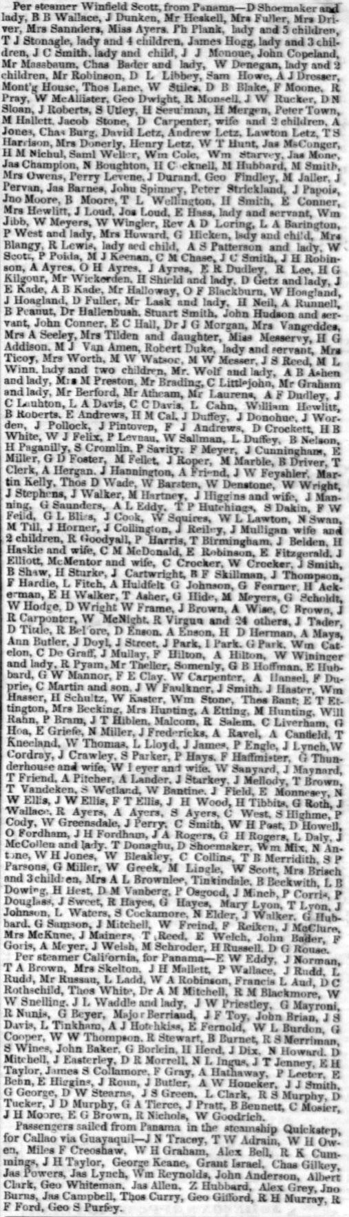 Passengers by the SS Winfield Scott, June 15, 1852.