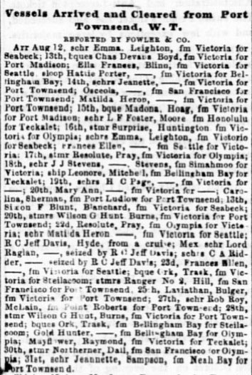 Arrivals and Departures Port Townsend, September 6, 1858.