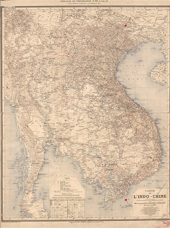 Map of Vietnam, Laos, Cambodia. 1895.